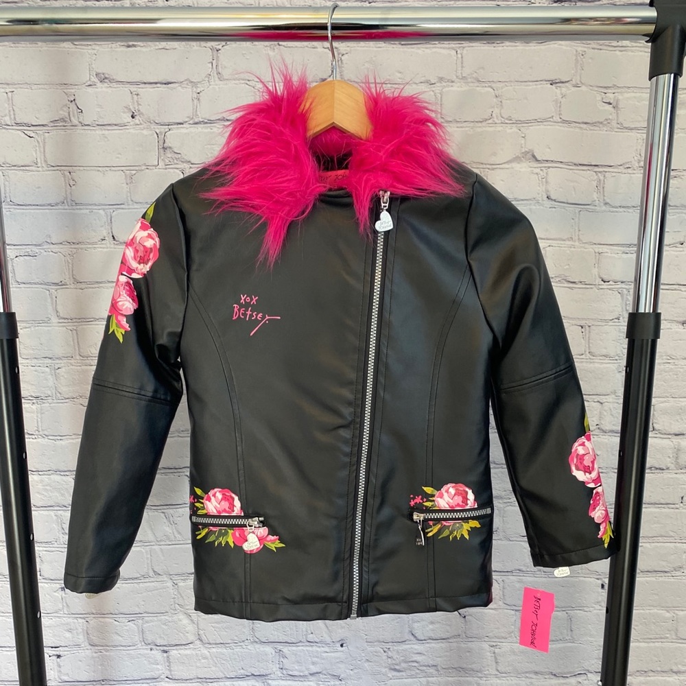 BETSEY JOHNSON black faux leather floral jacket